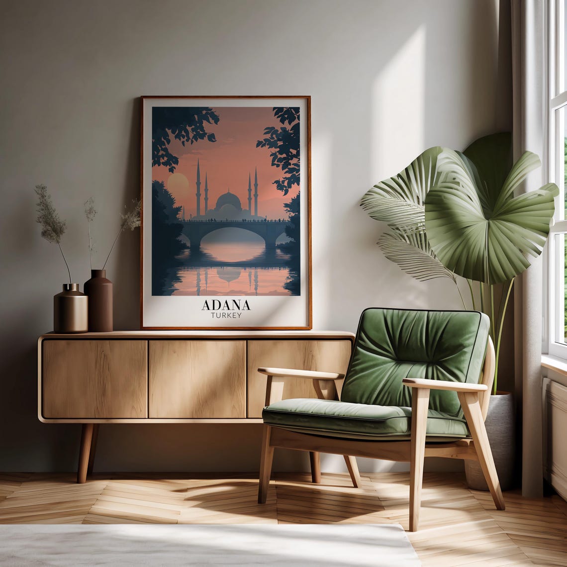 Adana Turkey Grand Mosque Silhouette Sunset River Bridge Poster - Image 2
