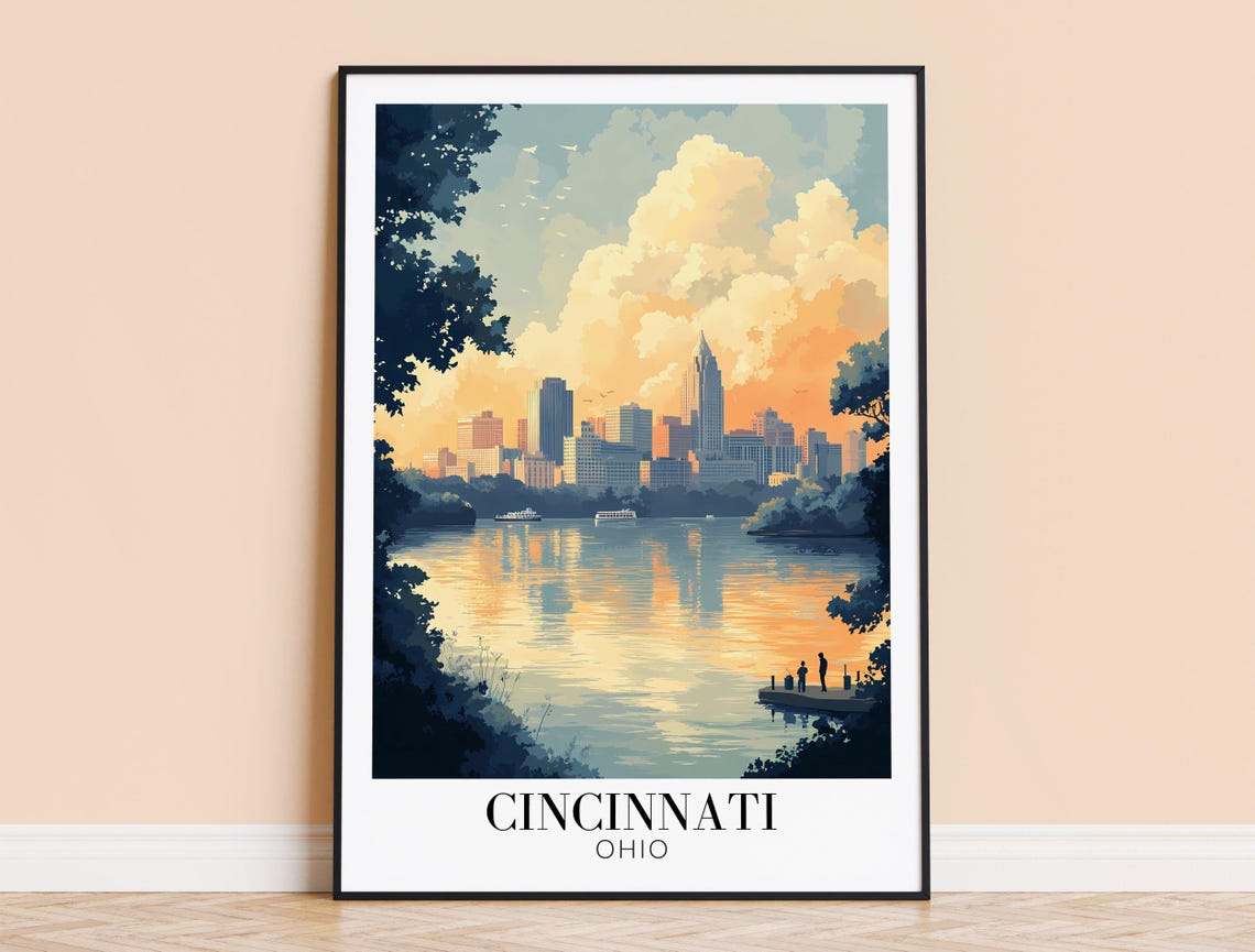 Cincinnati Ohio Sunset River Skyline Fishermen Travel Poster