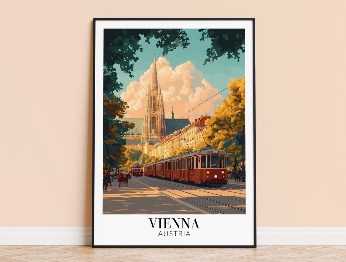 Vienna Austria Autumn Tram Street Beside Historic Cathedral Poster