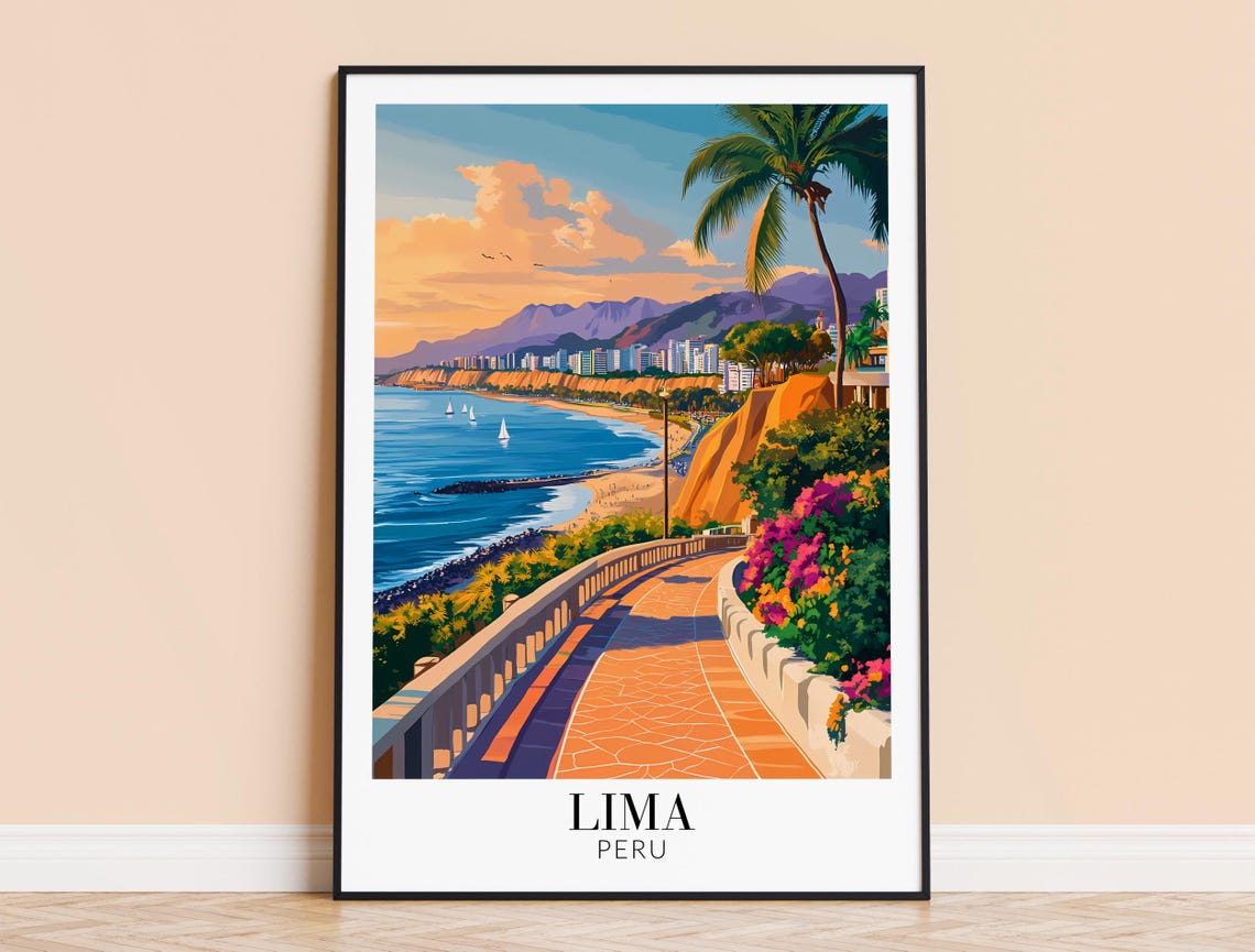 Lima Peru Sunset Coastal Promenade Cliffs and Sailboats Poster
