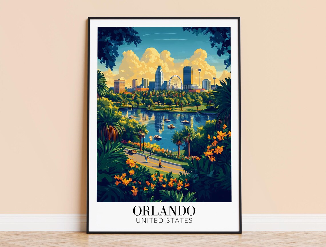 Orlando Florida Downtown Skyline Lake Eola Ferris Wheel Travel Poster