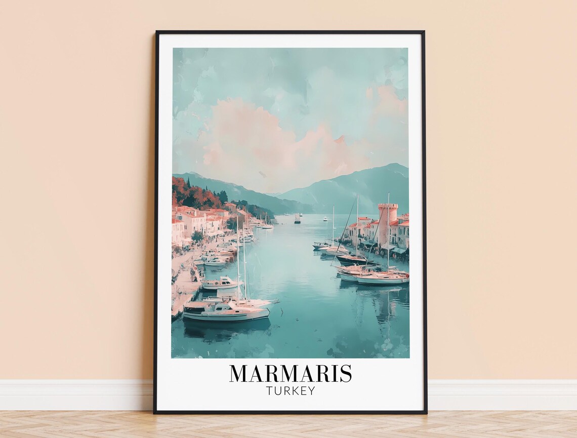 Marmaris Turkey Harbor Boats Soft Pastel Waterfront Calm Travel Poster