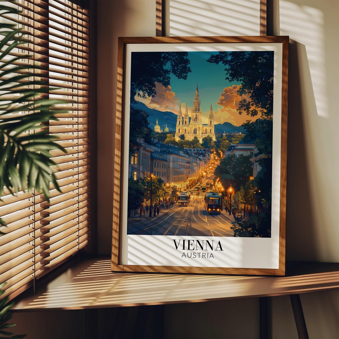 Vienna Austria Sunset Street with Illuminated Church Travel Poster - Image 3