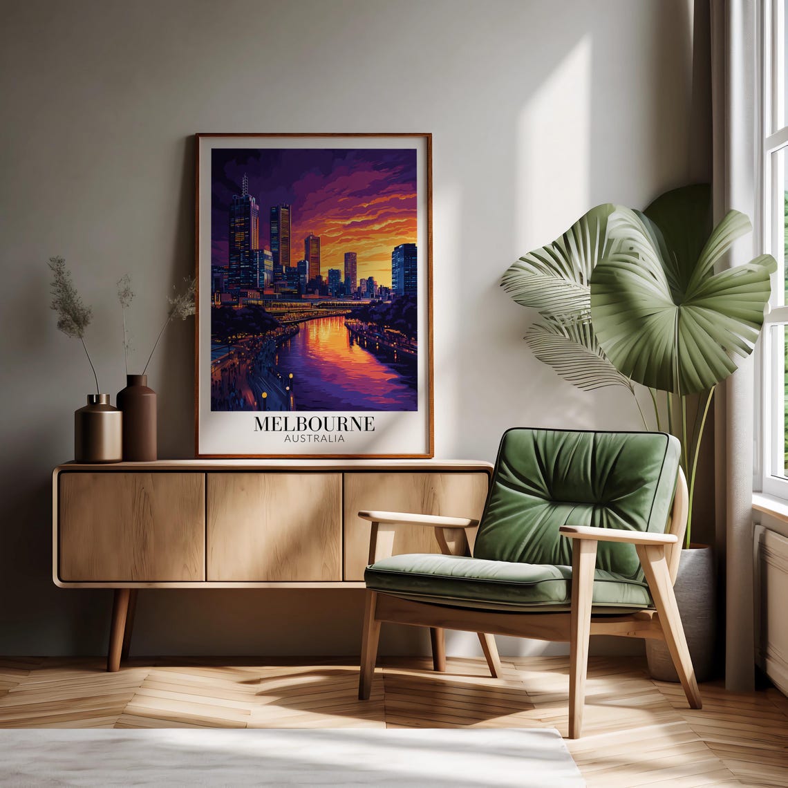 Melbourne Australia Purple Neon Night City Skyline Travel Poster - Image 3