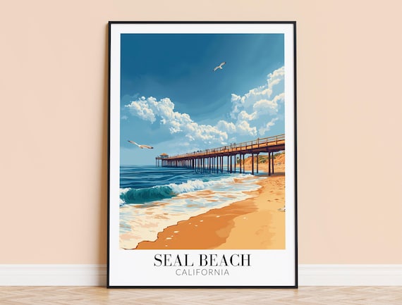 Seal Beach California Wooden Pier Seagulls Sunny Coastal Art Poster