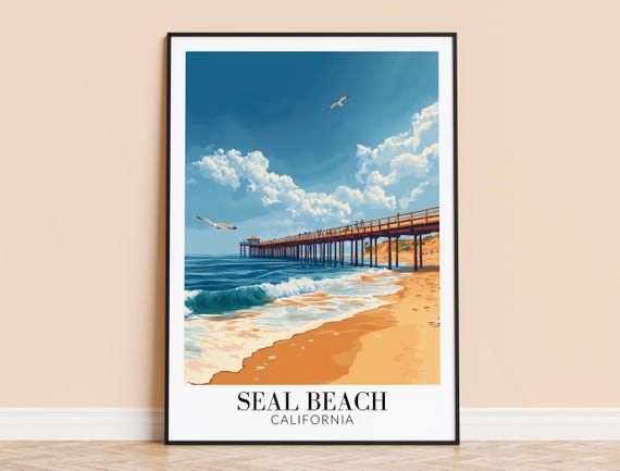 Seal Beach Print Usa Wall Art Poster Coastal Home Decor Wedding Housewarming Gift Framed Or Unframed Personalised
