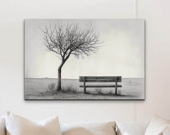 Charcoal Art One Tree Park With Empty Bench Gloomy Park Art Lone Tree Wall Art Print Ready To Hang Landscape Wrapped Art