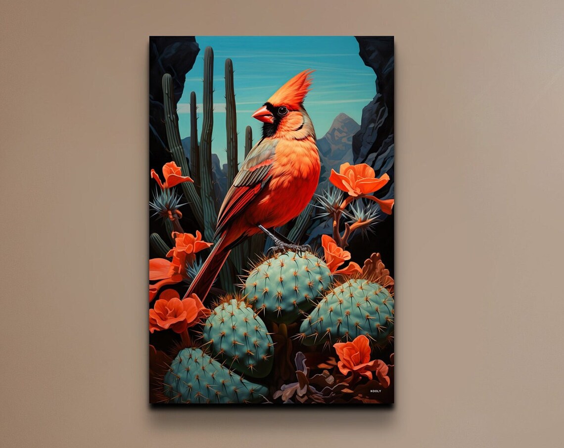 Male Northern Cardinal Perched on Cactus in the Desert Poster