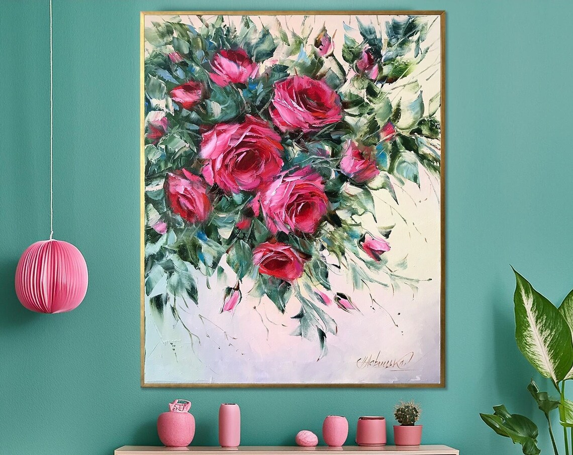 Pink Rose Painting On Abstract Floral Oil Painting In Gold Frame 20x28 Floral Art Pink Roses Painting Original Rose Artwork - Image 3