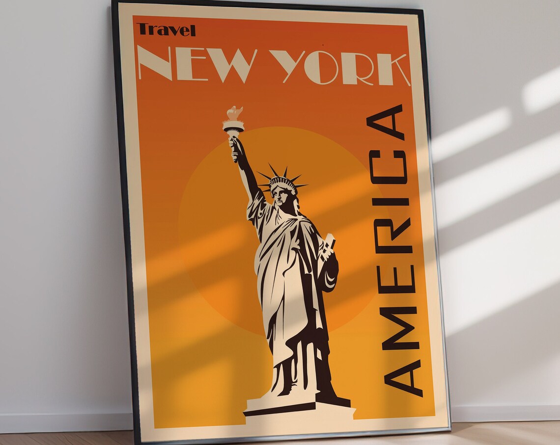 New York Statue of Liberty America Art Deco Orange Sunset Poster - Image 2