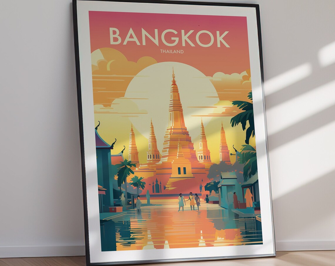 Bangkok Thailand Temple Skyline Sunset Vintage Travel Poster - Image 3