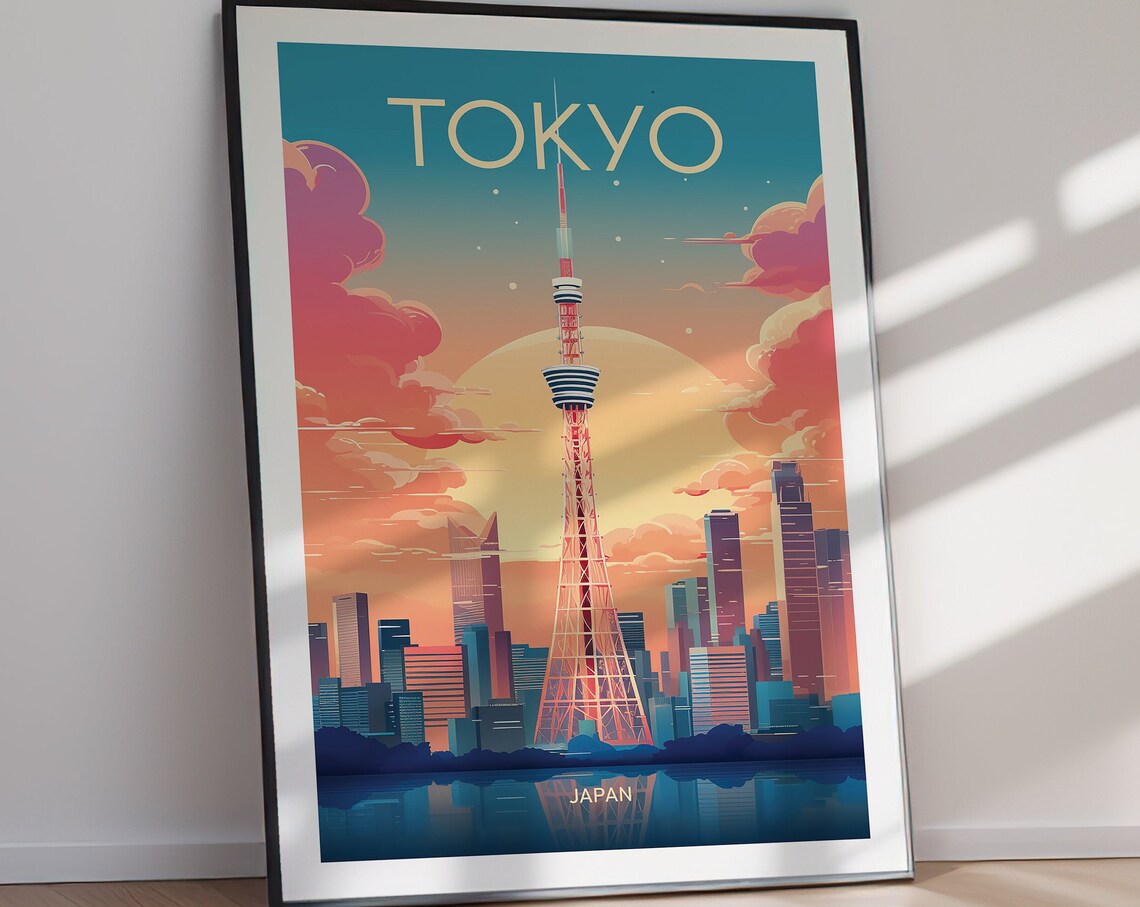 Tokyo Japan Tokyo Tower Skyline Sunset Vintage Travel Poster - Image 2