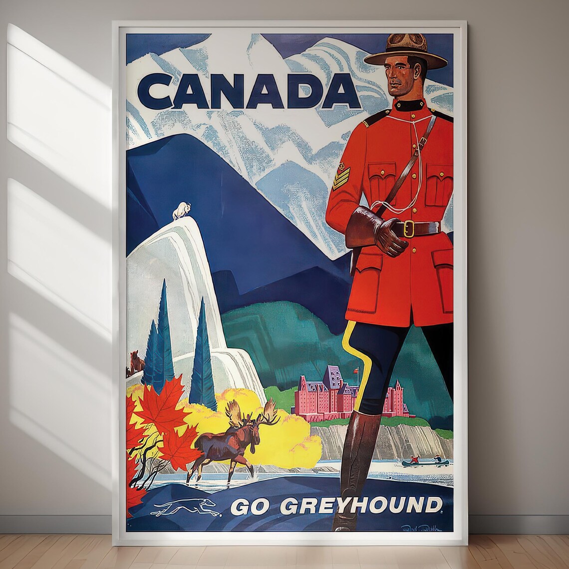 Canada Go Greyhound Mountie Moose Maple Mountain Vintage Travel Poster