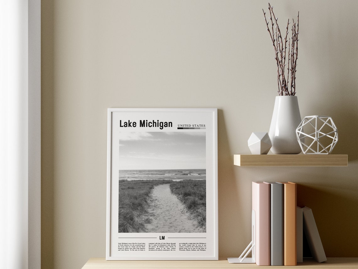 Lake Michigan Poster Black And White Lake Michigan Print Black And White Lake Michigan Wall Art Minimal Travel Print Travel Poster - Image 3
