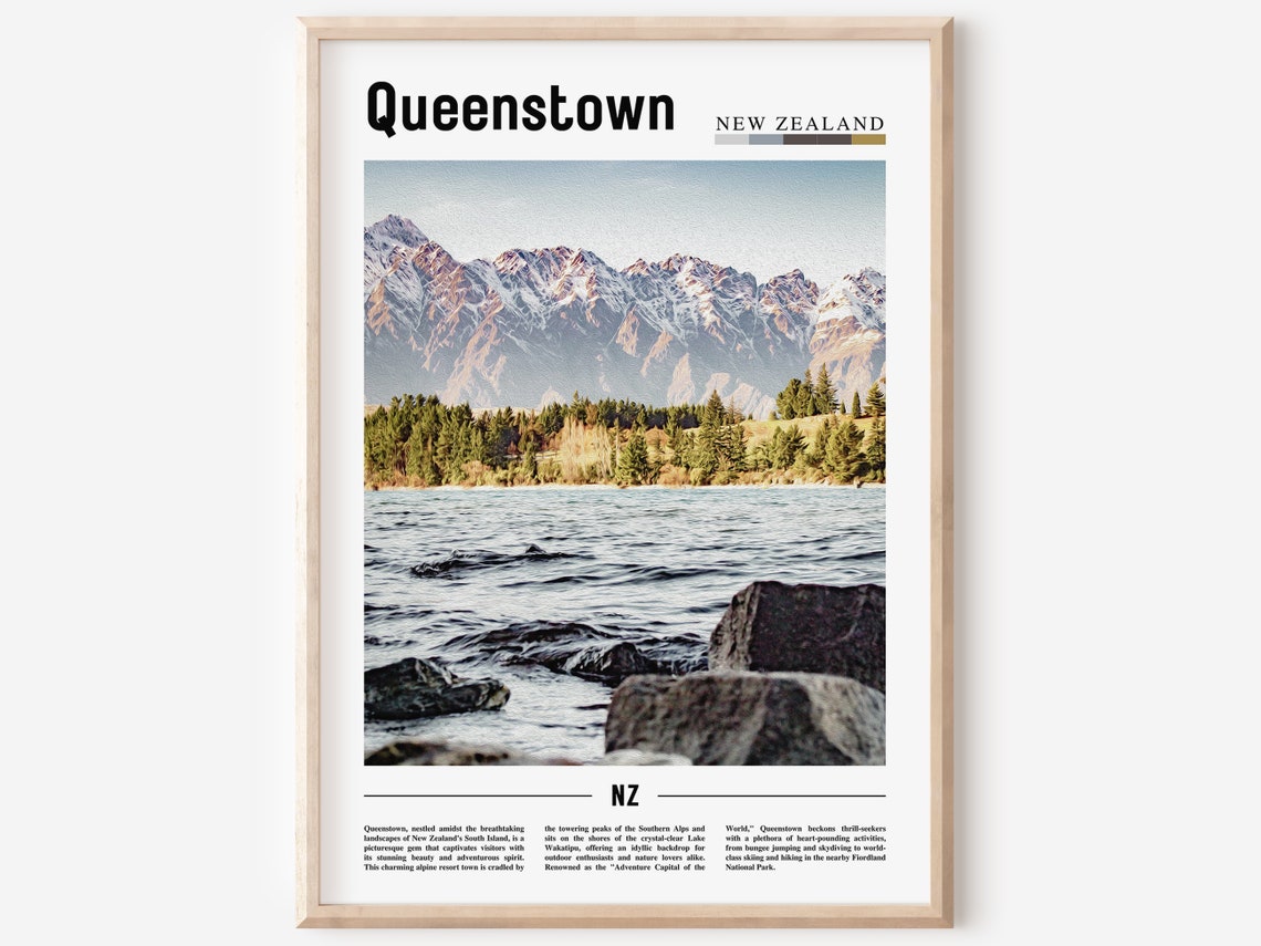 Queenstown Poster Queenstown Print Queenstown Wall Art Minimal Travel Print Travel Destination Oil Painting Poster