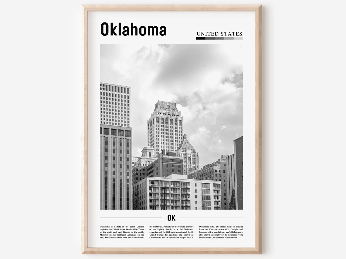 Oklahoma Minimal Travel Poster, Black And White