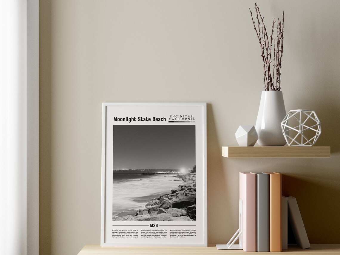 Moonlight State Beach Travel Poster, Black And White - Image 3