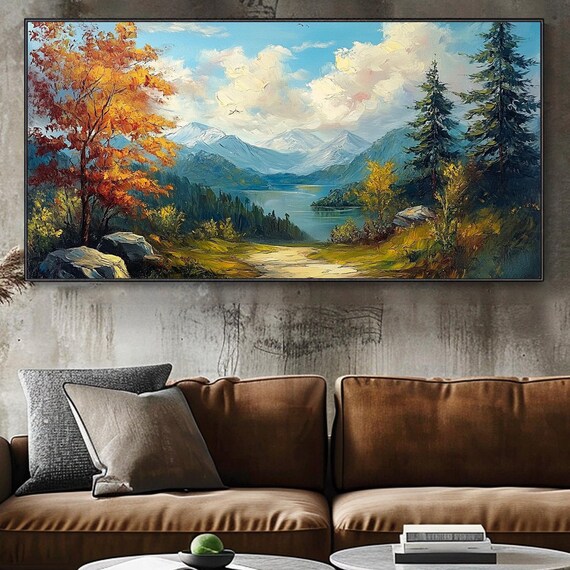 Lake Painting On 3d Mountain Textured Wall Art Handmade Nature Landscape Artwork Green Forest Serene Scenery Art Living Room Decor