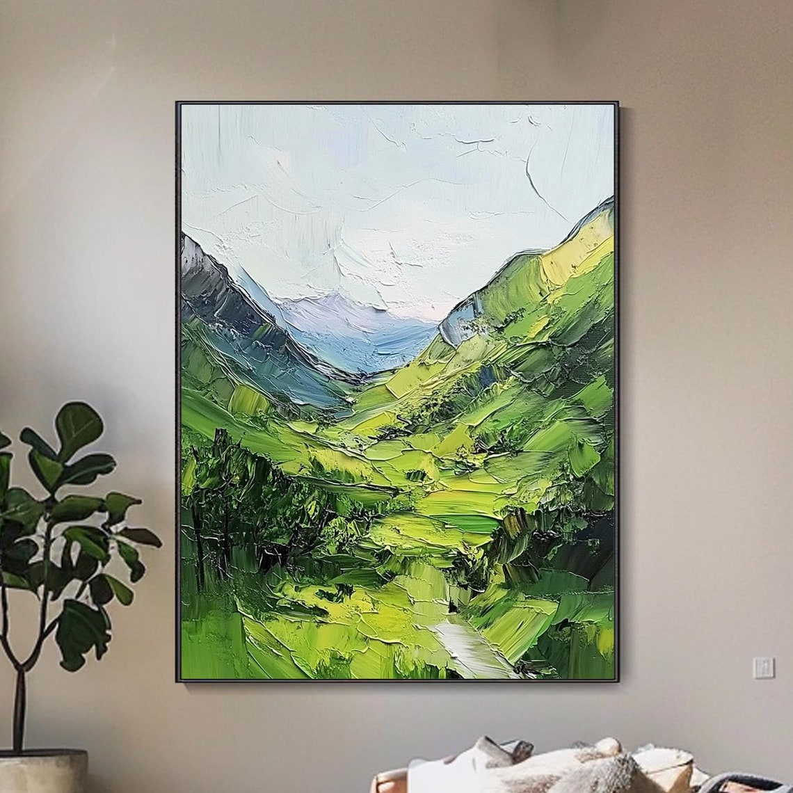 Green Rolling Hills Mountain Valley Bright Spring Landscape Oil Poster