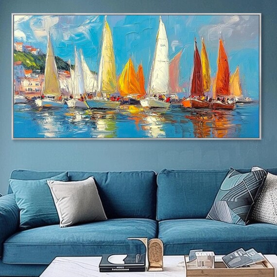 Colorful Sailboat Regatta Harbor Coastal Town Blue Sky Sailing Poster