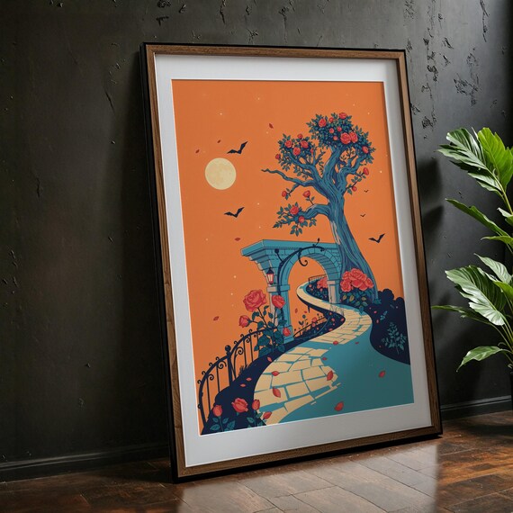Halloween Gothic Fairytale Path Orange Sky Moon Bats Roses Poster