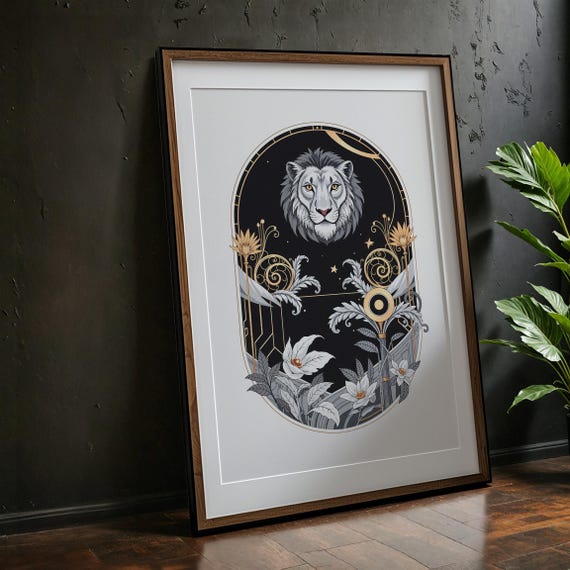 Art Deco Celestial Lion Print Elegant Cosmic Jungle Decor