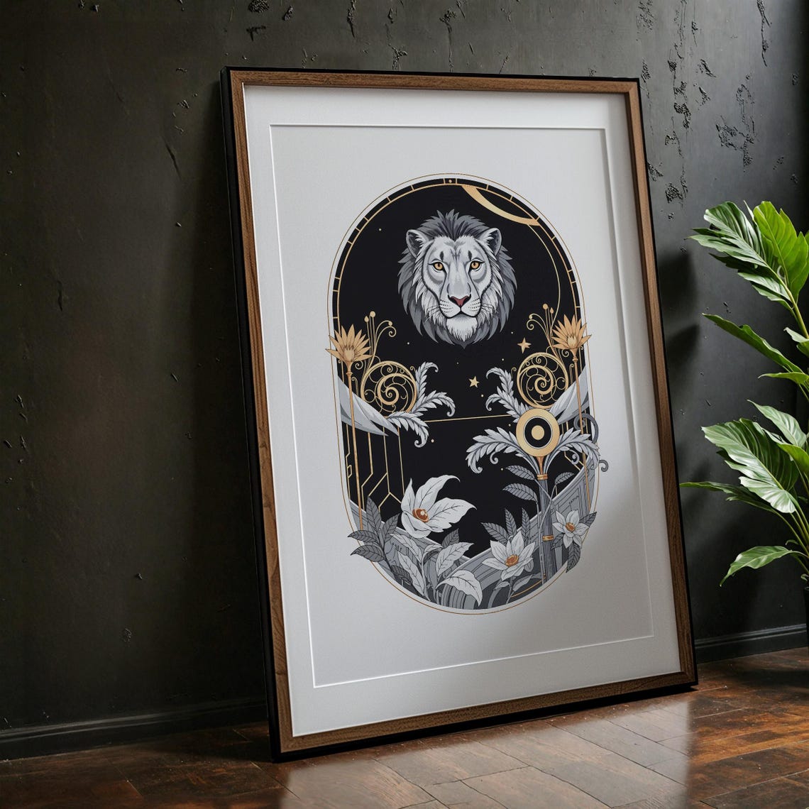 Art Deco Lion Medallion Celestial Starry Night Elegant Gold Poster
