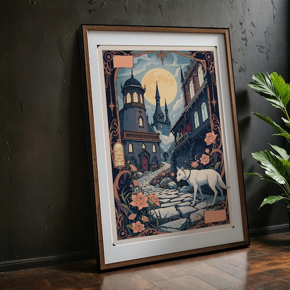 Fantasy Castle Moonlit Street Gothic Towers White Wolf Rose Storybook Print