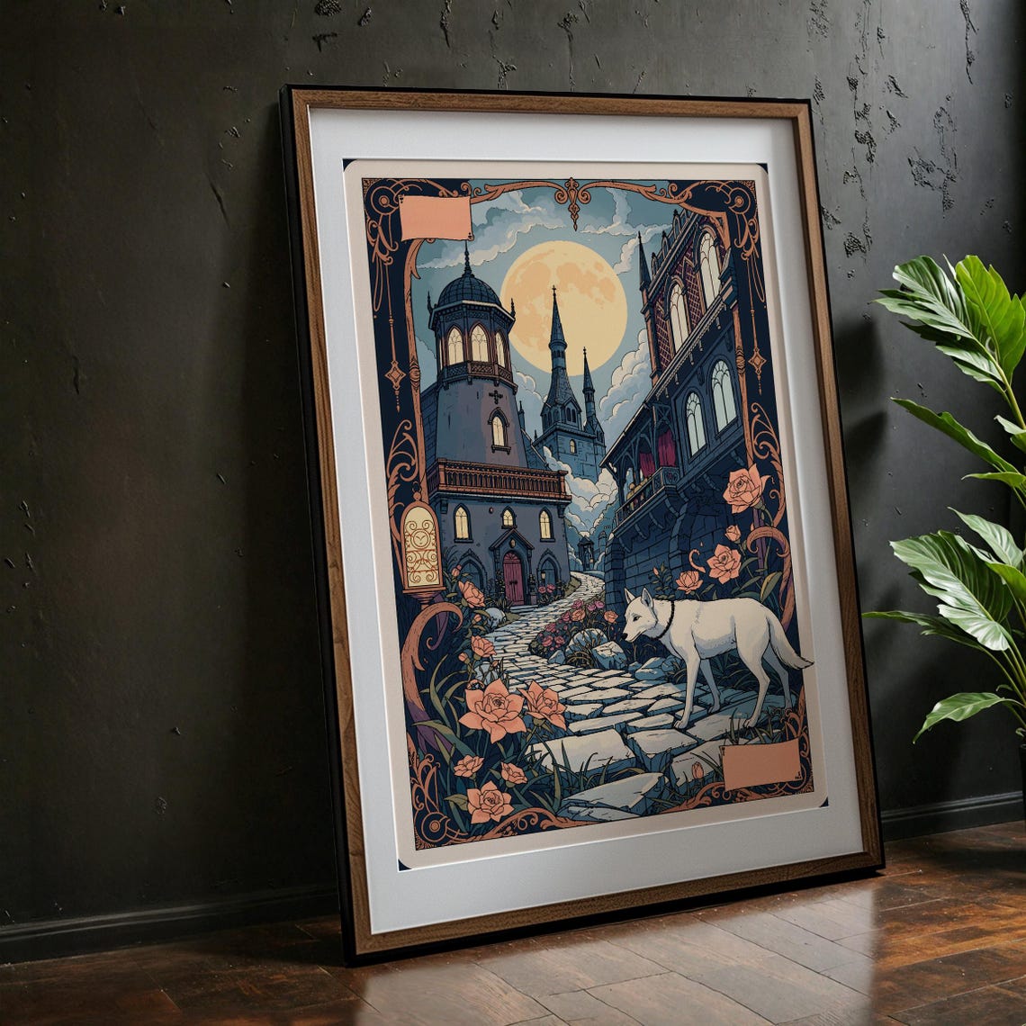 Fantasy Castle Moonlit Street Art Print Gothic Storybook Illustration