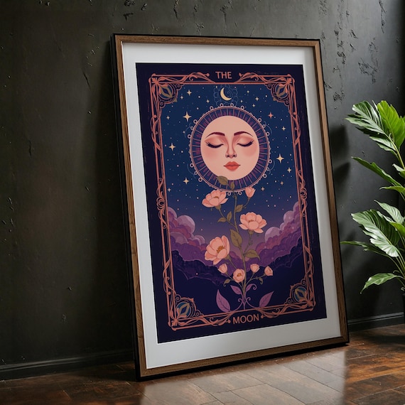 The Moon Tarot Celestial Floral Night Sky Mystical Art Poster