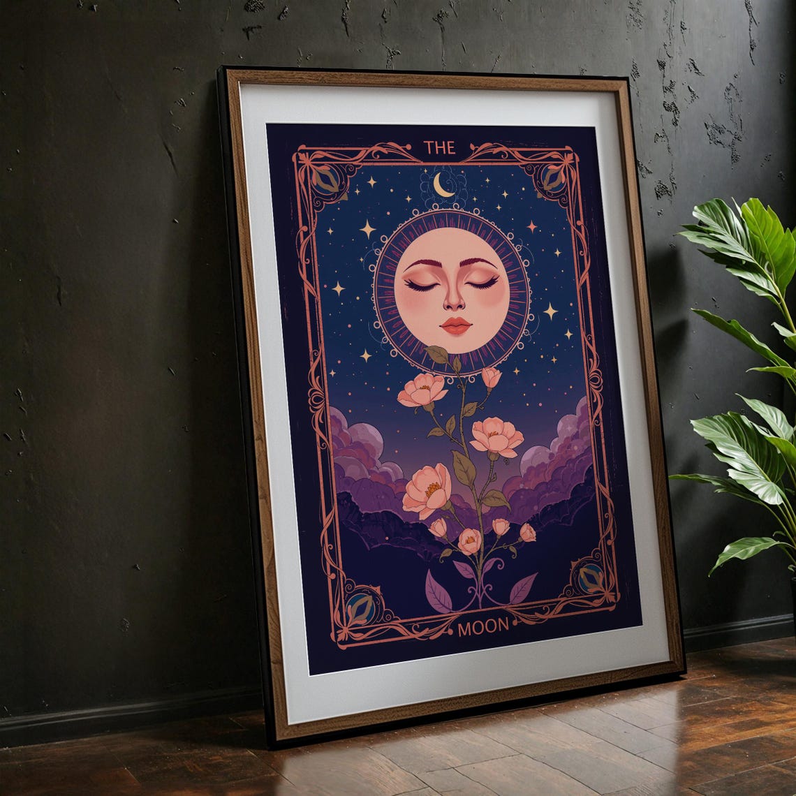 The Moon Tarot Celestial Floral Night Sky Mystical Art Poster
