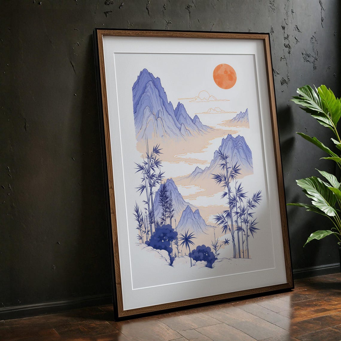 Japanese Style Blue Mountain Bamboo Red Sun Minimalist Art Poster