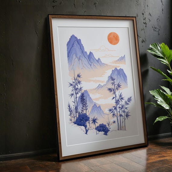Minimalist Mountain Art Print Asianinspired Landscape With Bamboo Tranquil Nature Wall Decor For Modern Homes