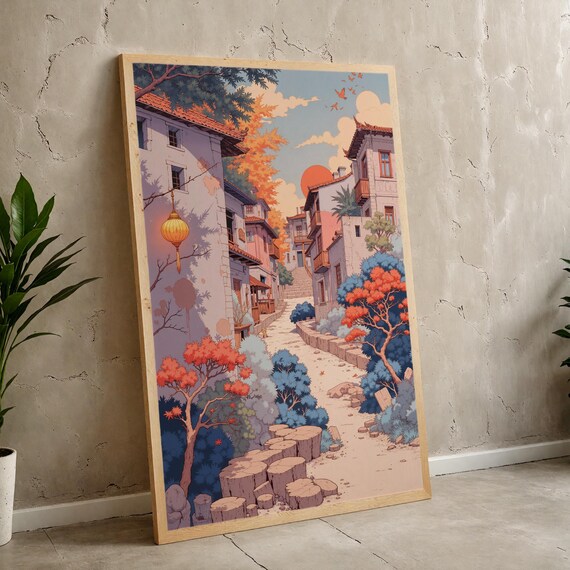 Charming Village Street Art Print, Asian-Inspired