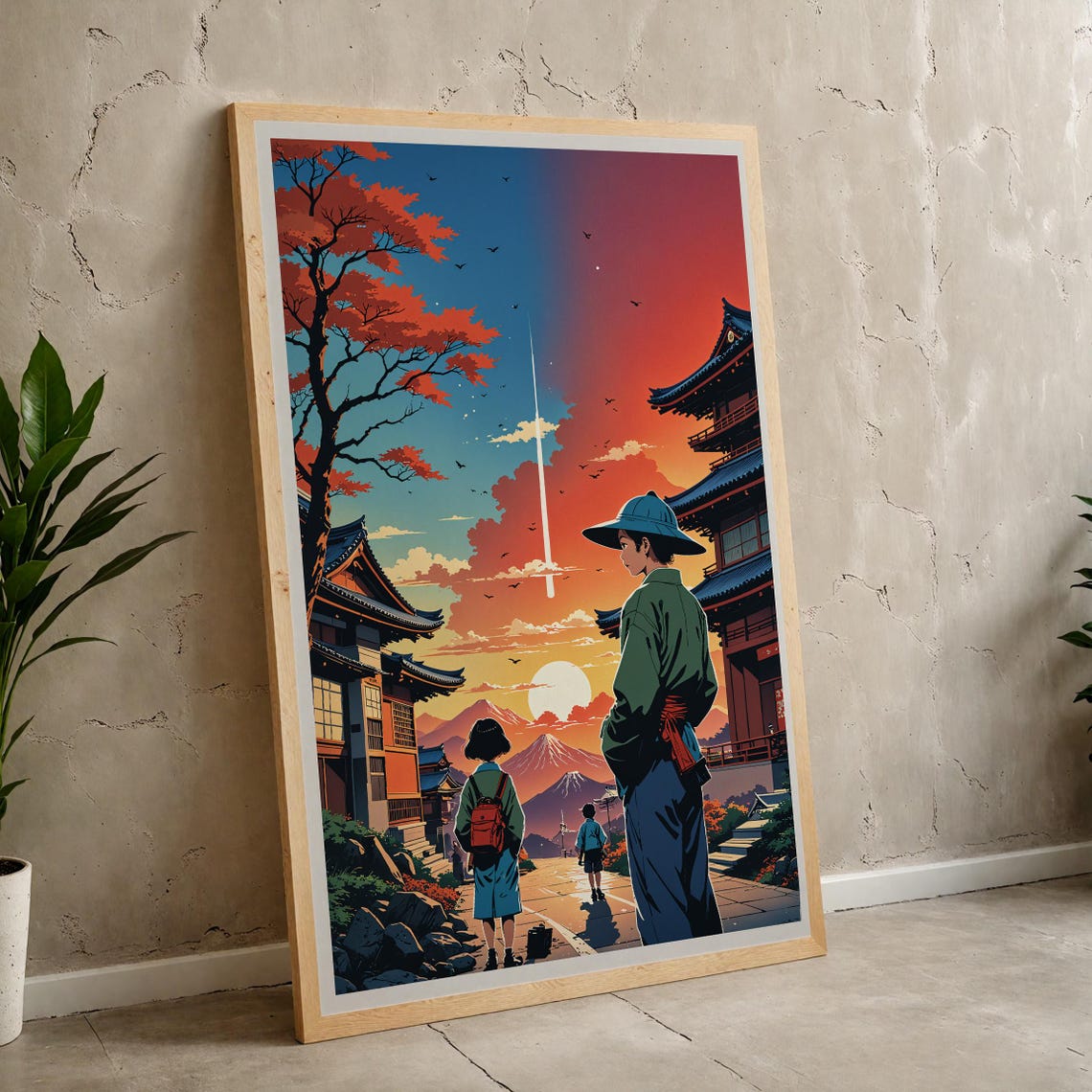Japanese Anime Sunset Village Mount Fuji Pagoda Futuristic Poster