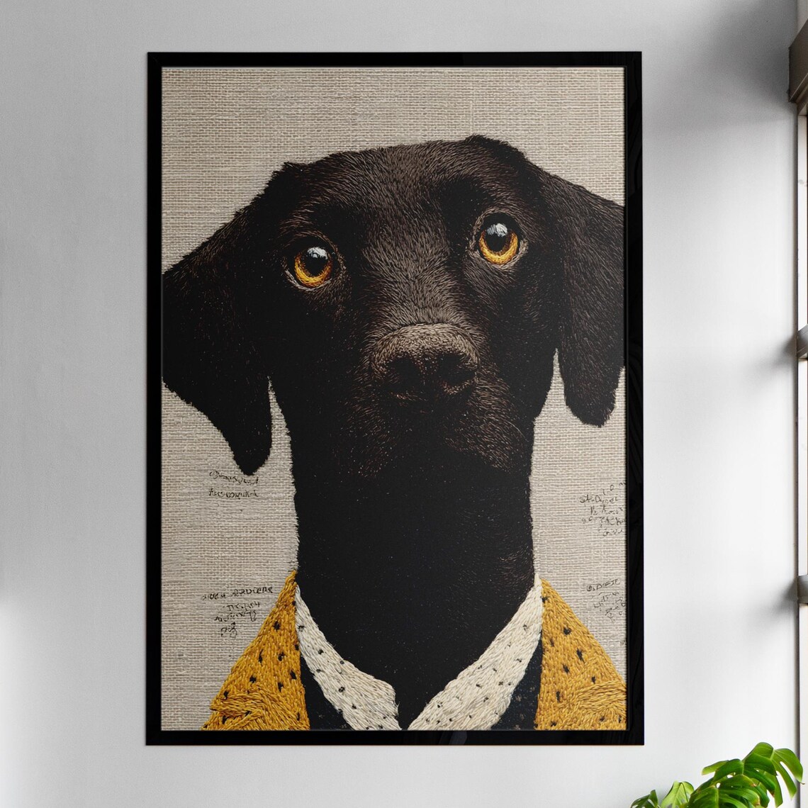 Quirky Black Labrador Dog Portrait In Mustard Jacket Funny Pet Poster