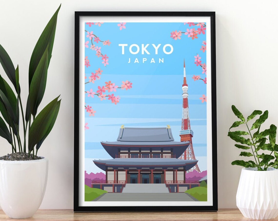 Tokyo Japan Temple Cherry Blossom and Tokyo Tower Travel Poster