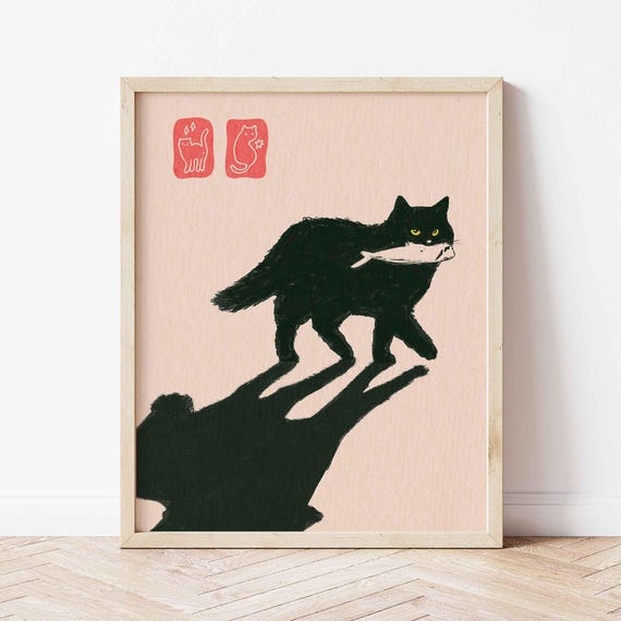 Black Cat Poster Minimalism Neutral Japandi Print Lovers Gift Japanese Vintage Wall Art Funny Kitten Trendy Decor