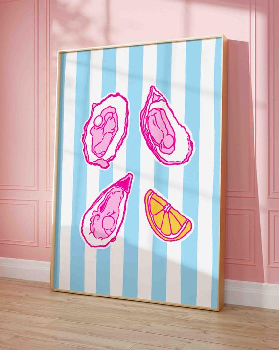 Oysters Vintage Poster Print Retro Sea Food Wall Art Hand Drawn Lemon Colorful Kitchen Maximalist Blue And Pink