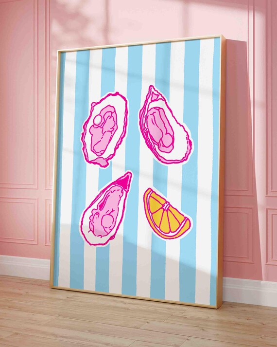 Pink Oysters And Lemon Slice Blue Cabana Stripe Kitchen Poster
