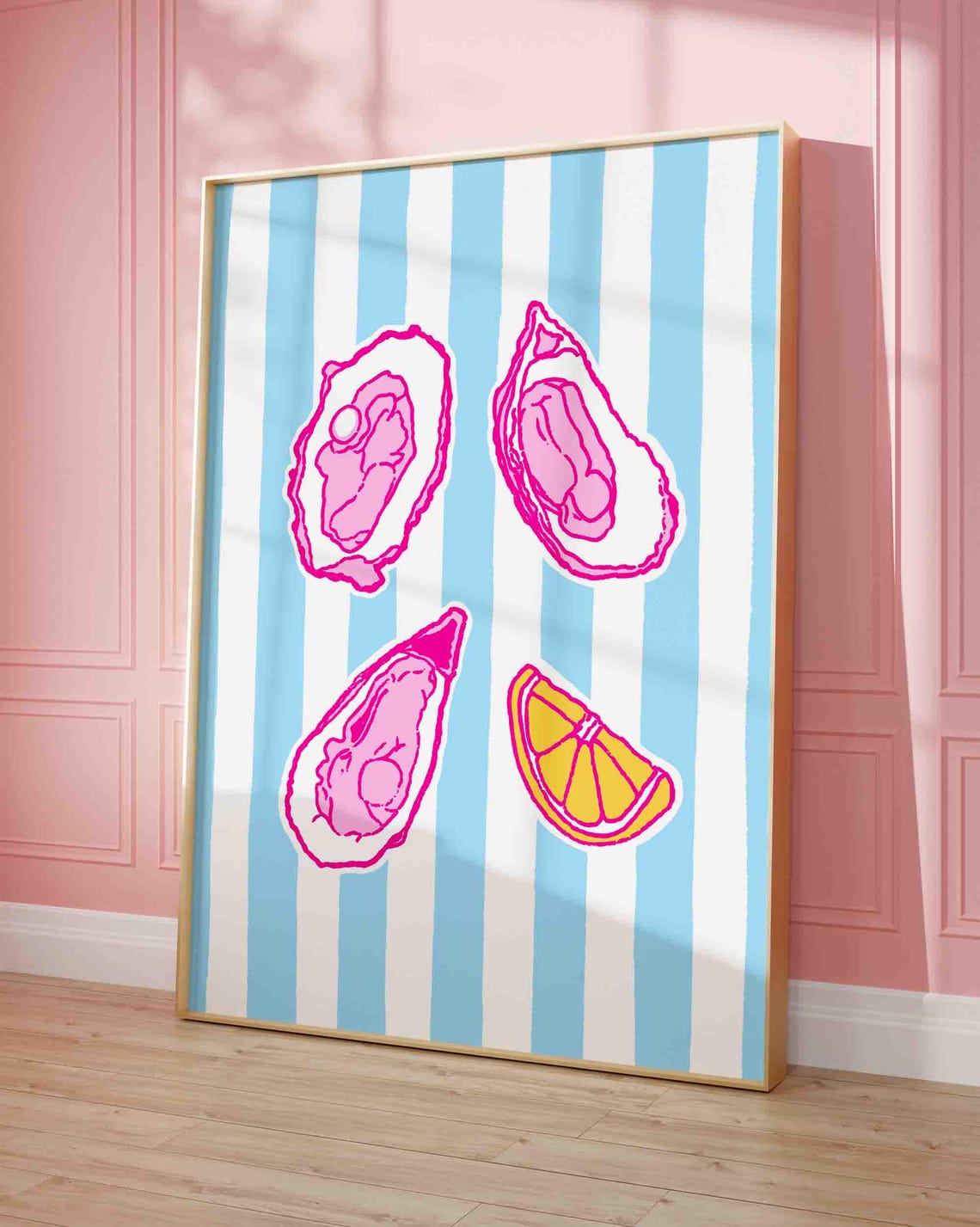 Pink Oysters And Lemon Slice Blue Cabana Stripe Kitchen Poster