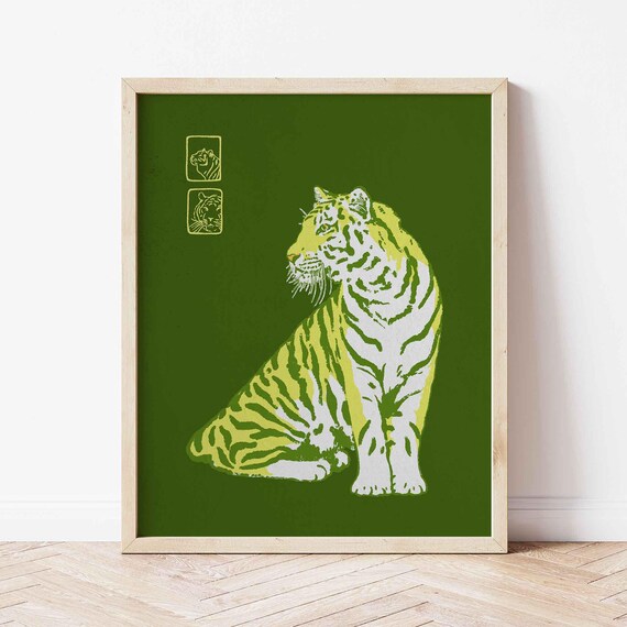 Emerald Green Japanese Vintage Tiger Illustration Animal Poster