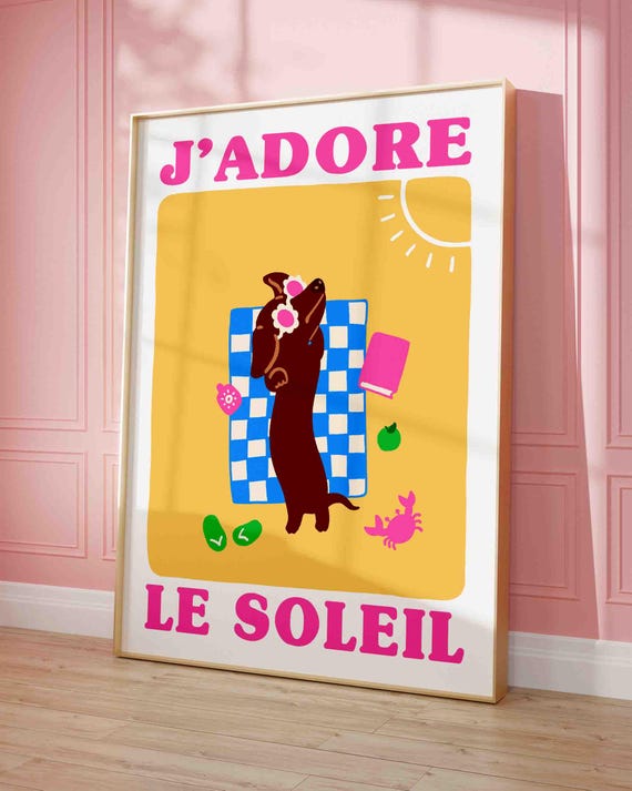 Dog Jadore Le Soleil Print Funny Doxie On The Beach Poster Funky Wall Art Wiener Coastal Gallery Cute Summer