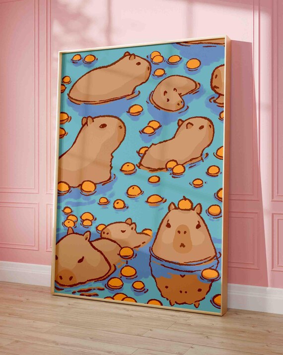 Cute Capybaras Bathing With Orange Slices Playful Bathroom Poster