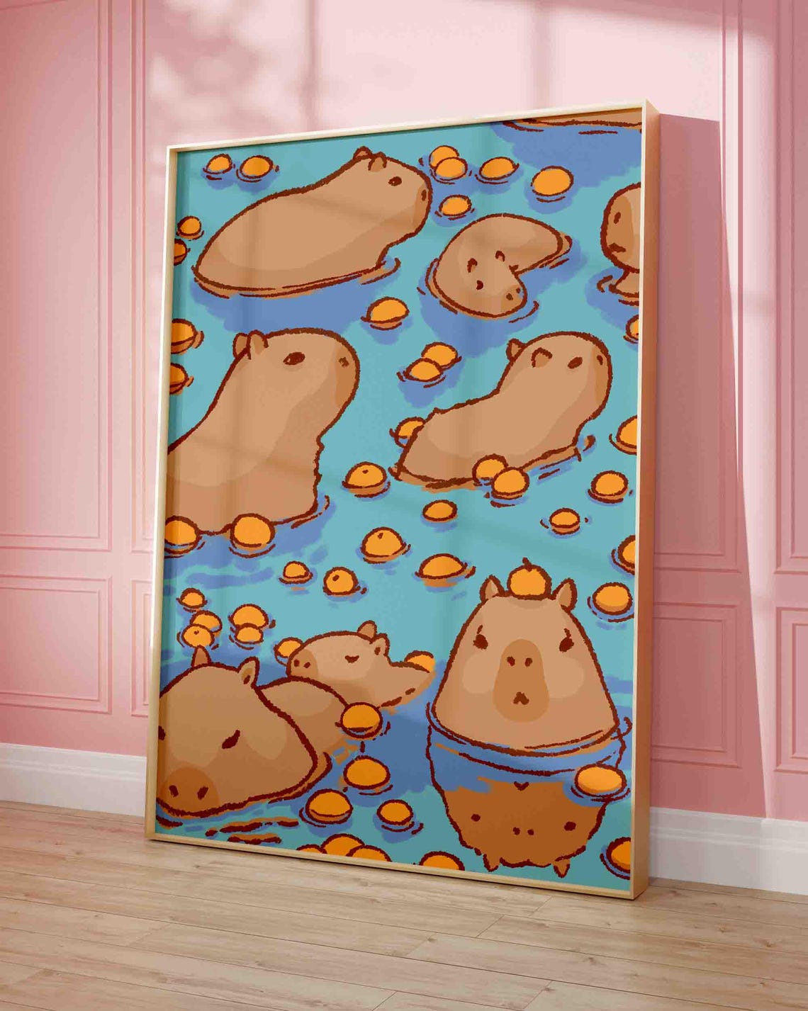 Cute Capybaras Bathing With Orange Slices Playful Bathroom Poster