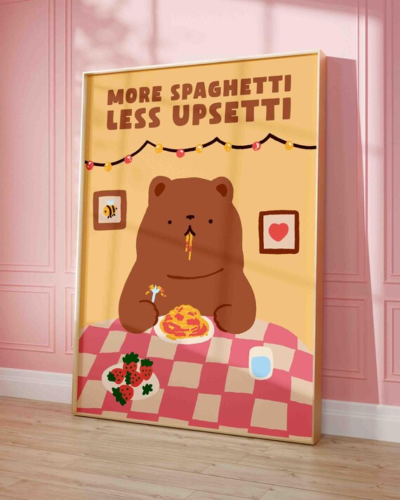 Bear Eating Spaghetti Poster More Less Upsetti Retro Diner Pasta Foodie Art Print Italian Kitchen Trendy