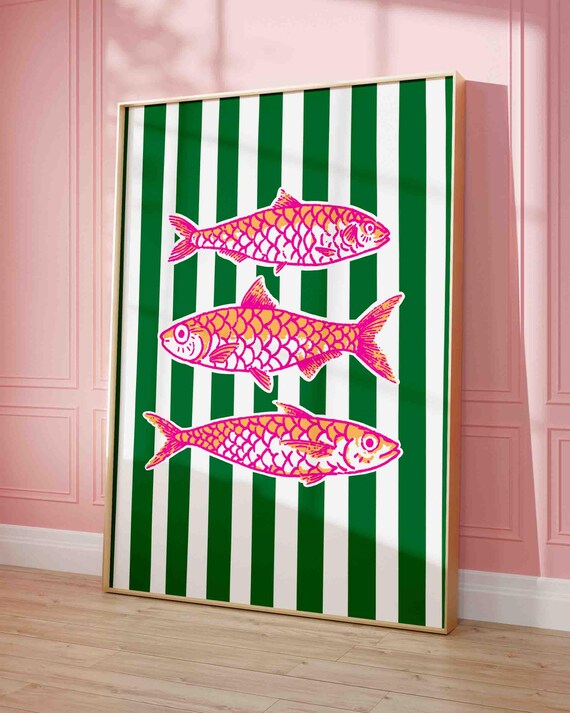 Retro Sardines Poster Print Vintage Sardine Wall Art Hand Drawn Fish Sketch Colorful Kitchen Maximalist Shipped