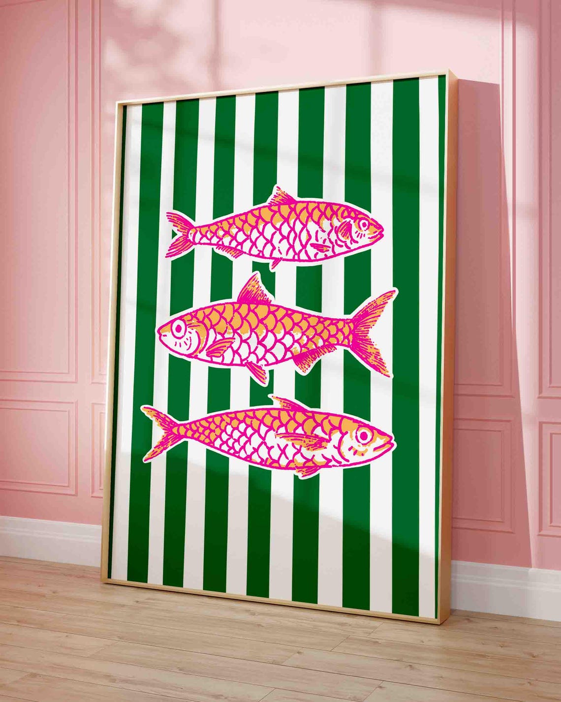 Pink Sardines On Green Stripes Maximalist Coastal Kitchen Poster