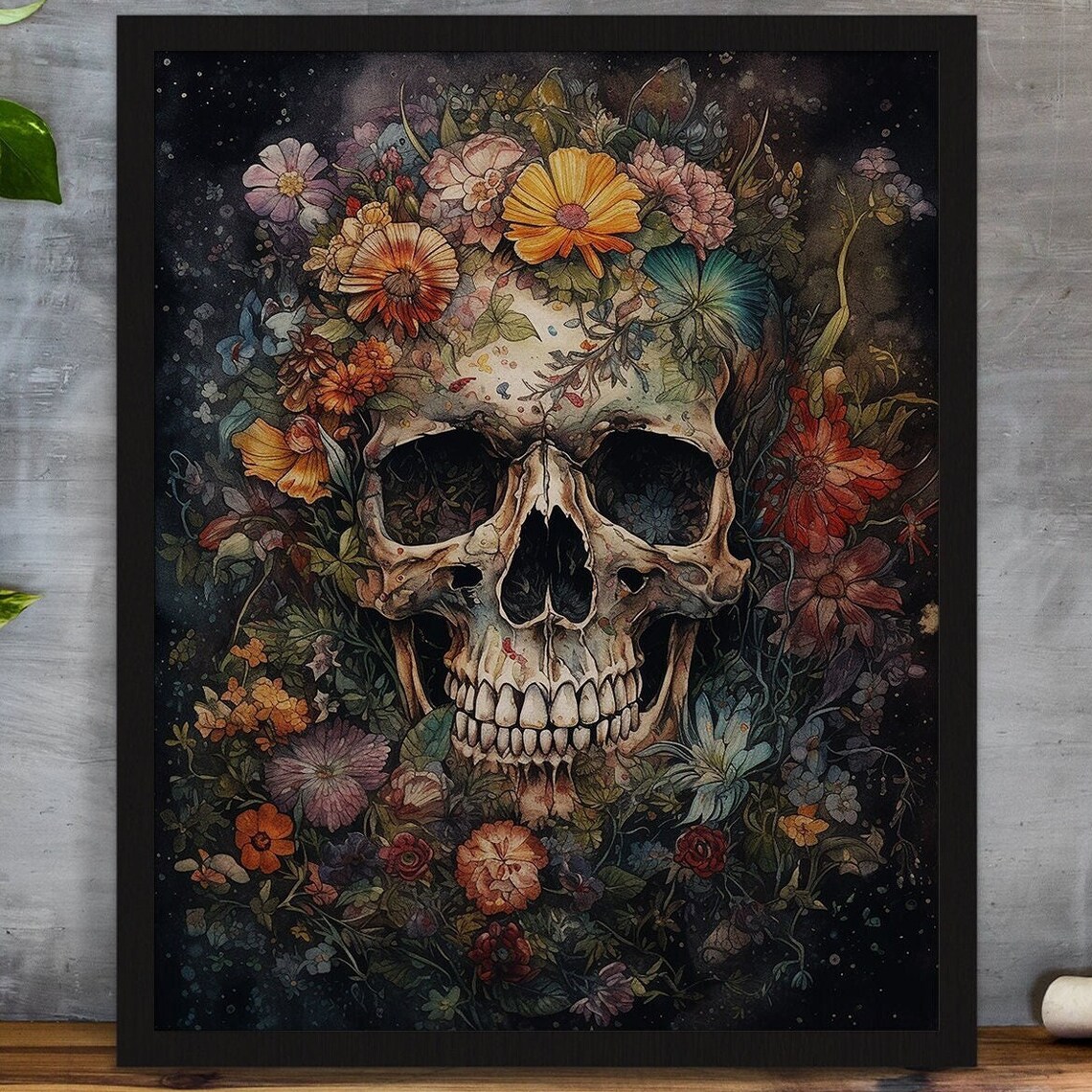 Floral Human Skull Colorful Surreal Day of the Dead Art Poster