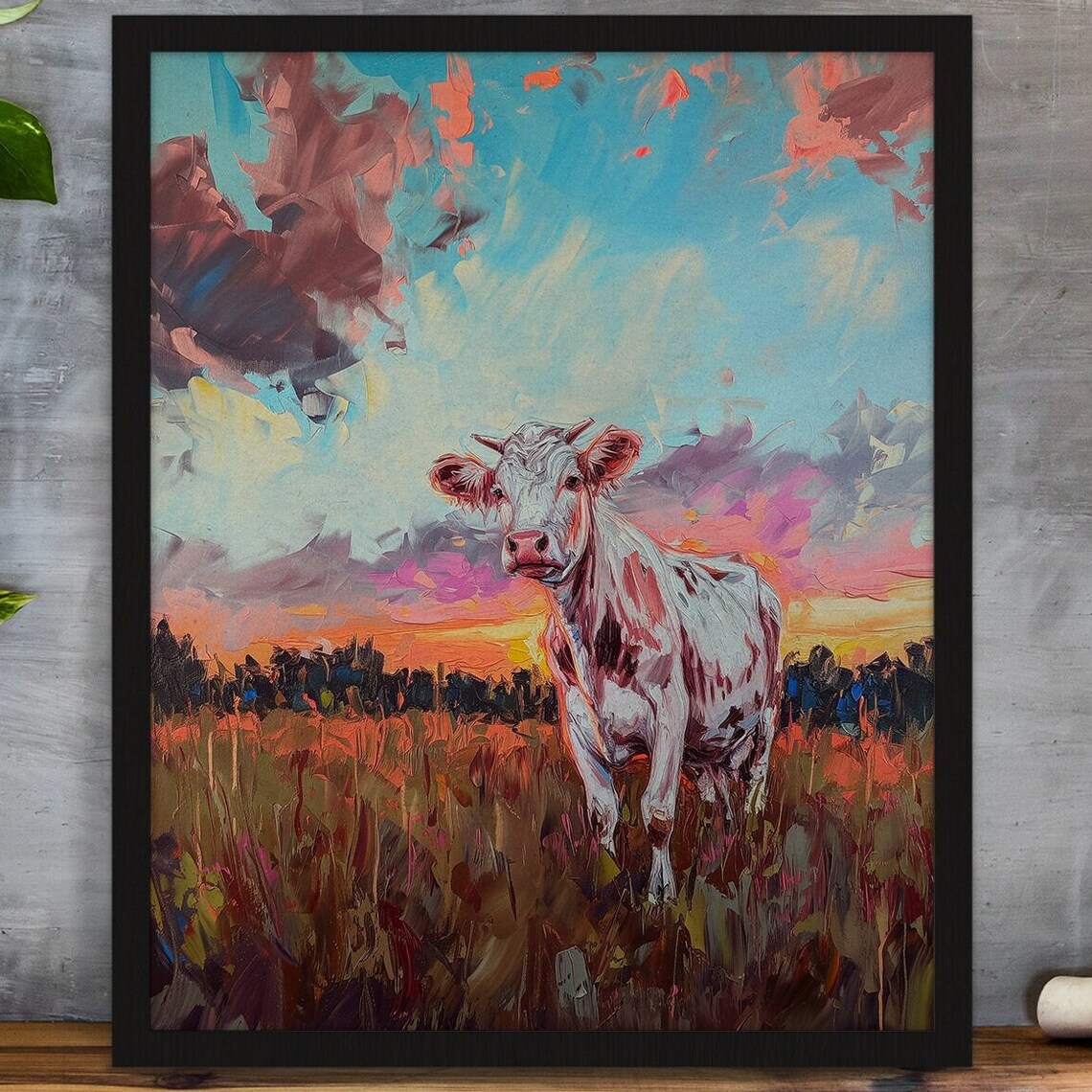 White Cow in Field at Sunset Impasto Oil Painting Farm Poster